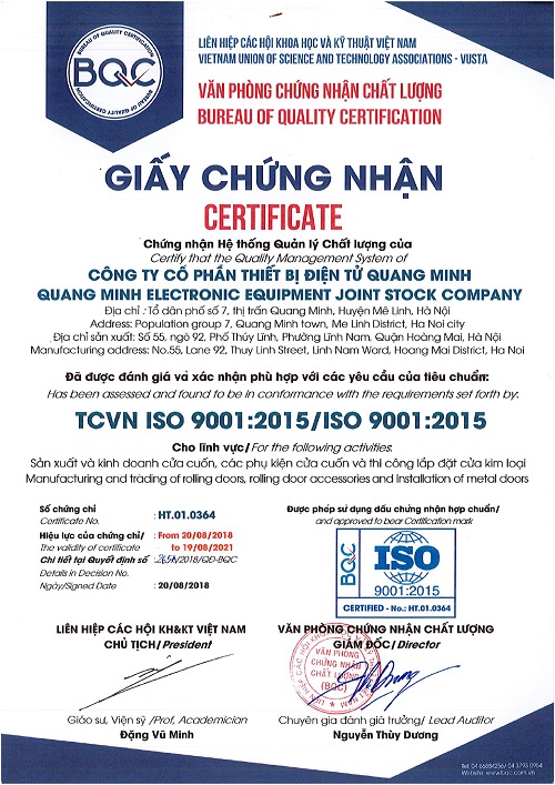 Tiêu chuẩn ISO 9001:2015 cho sản phẩm cửa cuốn